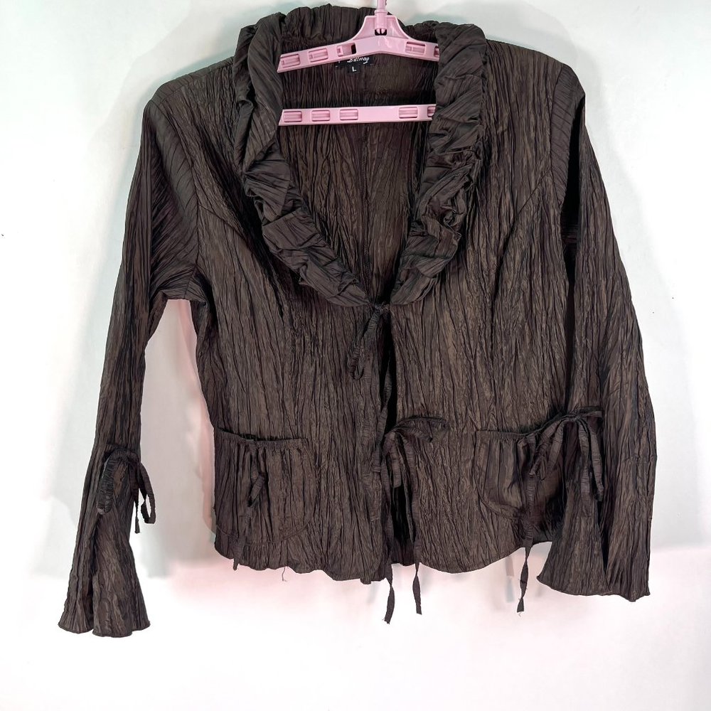 Vintage Butter Cup Crinkle Ruched Front Tie Cardigan Top Womens Size L Brown 90s